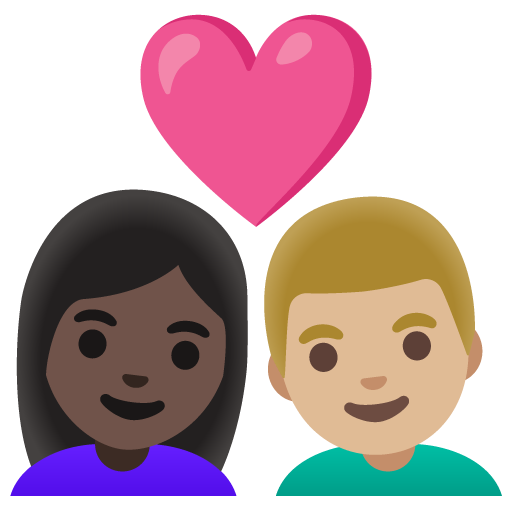 Stel met hart: vrouw, man, donkere huidskleur, lichtgetinte huidskleur voor Google 16.0