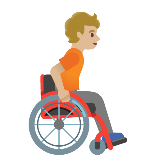 मैनुअल व्हीलचेयर पर दाईं ओर मुंह करके बैठा व्यक्ति: मध्यम-हल्की त्वचा का रंग Google 16.0 के लिए