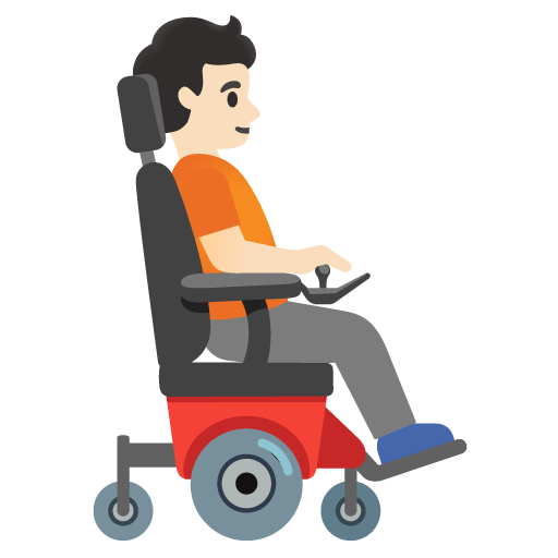 Osoba na motorovém invalidním vozíku otočená doprava: světlý odstín pleti pro Google 16.0