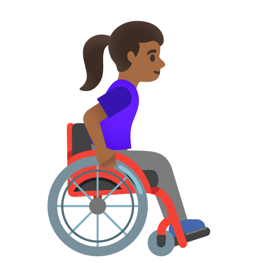 Žena na ručním invalidním vozíku otočená doprava: středně tmavý odstín pleti pro Google 16.0