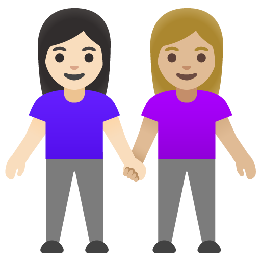 Google 16.0의 경우 손을 잡고 있는 두 명의 여자: 하얀 피부 연한 갈색 피부