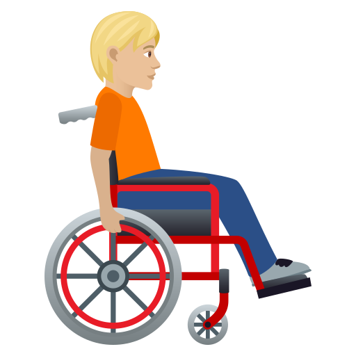 मैनुअल व्हीलचेयर पर दाईं ओर मुंह करके बैठा व्यक्ति: मध्यम-हल्की त्वचा का रंग JoyPixels 9.0 के लिए