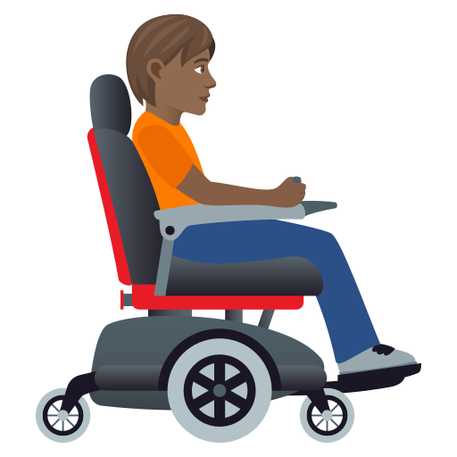Osoba na motorovém invalidním vozíku otočená doprava: Středně tmavý odstín pleti pro JoyPixels 9.0